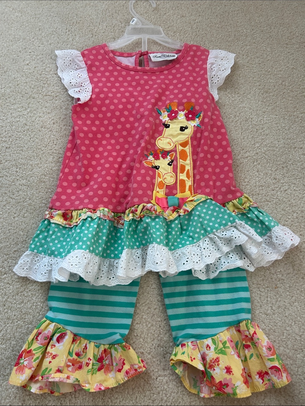Girls 4t two piece outfit set giraffe lace trim polka dots floral flowers